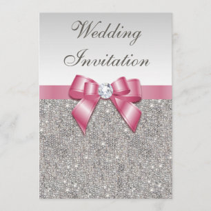 Printed Silver Sequins and Bow Pink Wedding Invitation