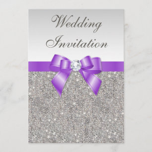 Printed Silver Sequins and Lavender Bow Wedding Invitation