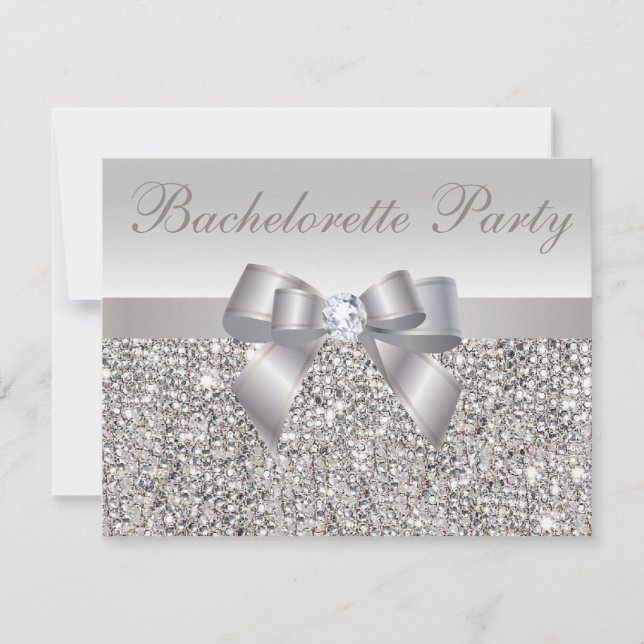 Printed Silver Sequins, Bow & Diamond Bachelorette Invitation (Front)