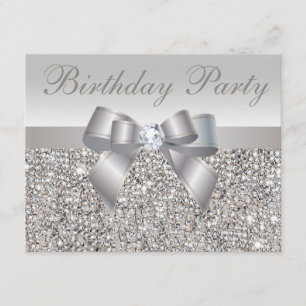 Printed Silver Sequins, Bow & Diamond Birthday Invitation