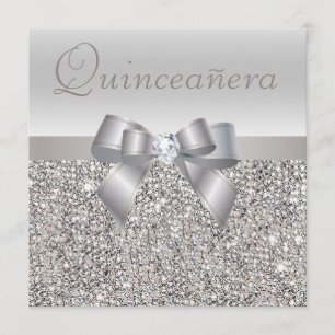 Printed Silver Sequins, Bow & Diamond Quinceanera Invitation