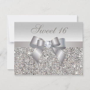 Printed Silver Sequins, Bow & Diamond Sweet 16 Invitation