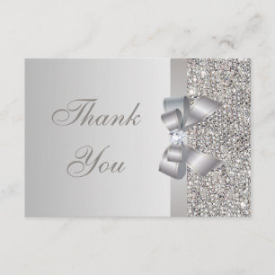 Printed Silver Sequins, Bow & Diamond Thank You Card