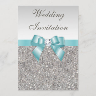 Printed Silver Sequins Diamonds Teal Bow Wedding Invitation