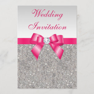 Printed Silver Sequins Hot Pink Bow Wedding Invitation