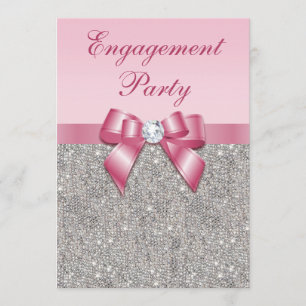 Printed Silver Sequins Pink Bow Engagement Party Invitation