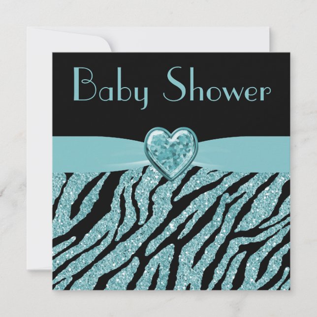 Printed Teal Heart & Zebra Glitter Baby Shower Invitation (Front)