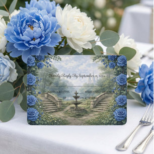 Printed Watercolor Castle Garden Fountain RSVP Card