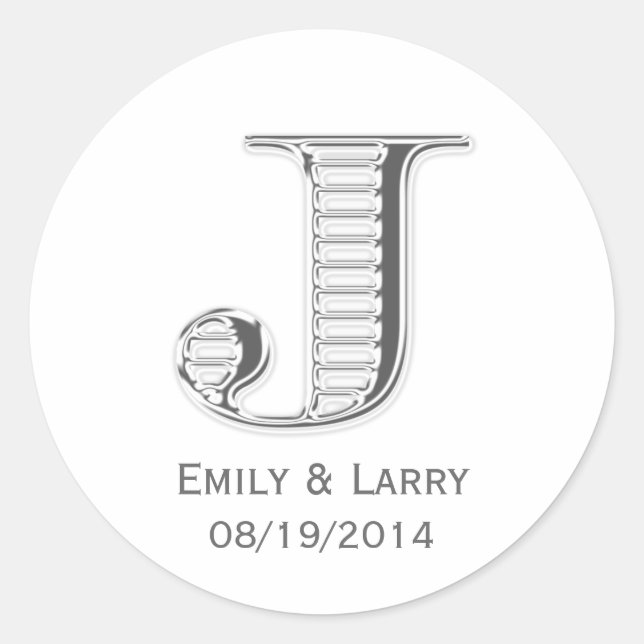 Printed white chrome monogram J wedding favour Classic Round Sticker (Front)