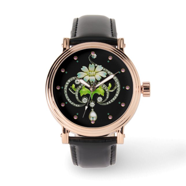 PRINTED WHITE ENAMEL FLOWER ,PEARLS AND DIAMONDS WATCH (Front)