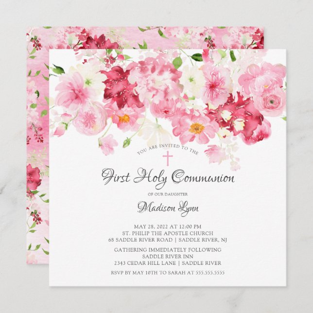 Printemps fleurit Floral Communion Invitation (Devant / Derrière)