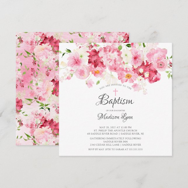 Printemps fleurit rose florale Baptême Invitation (Devant / Derrière)