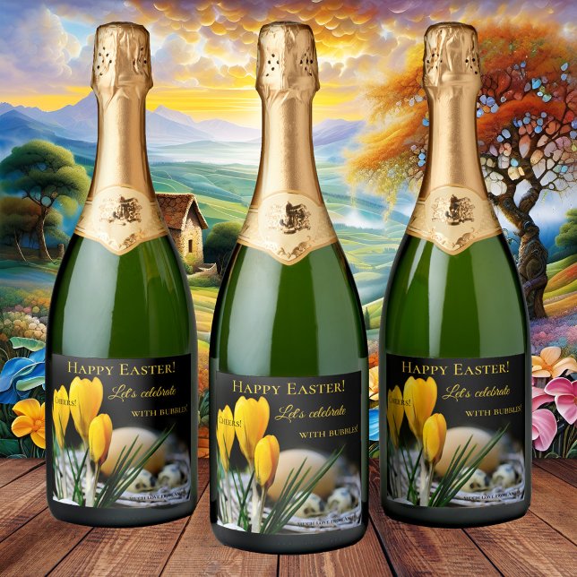 Printemps Pâques Crocus bulles Étiquette de vin ét ((Sparkling) wine label showing bright yellow crocus flowers and a bird's nest - nice for Easter)