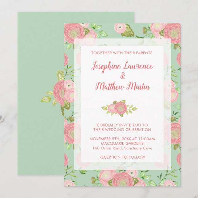 Printemps Ranunculus Floral Mint Invitations de ma (Devant / Derrière)