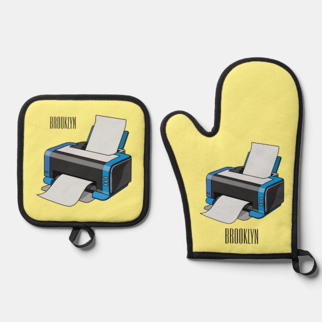 Printer cartoon illustration oven mitt & pot holder set (Front)