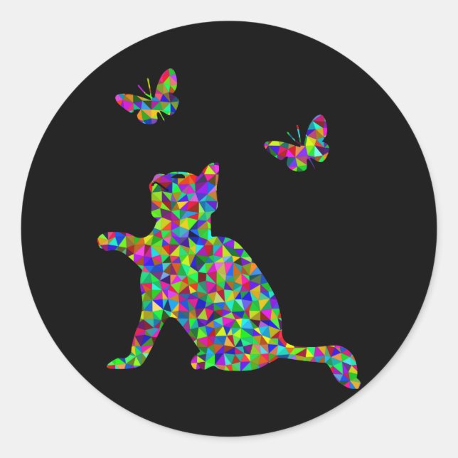 Prismatic Kitten Playing with Butterflies Classic Round Sticker (Front)