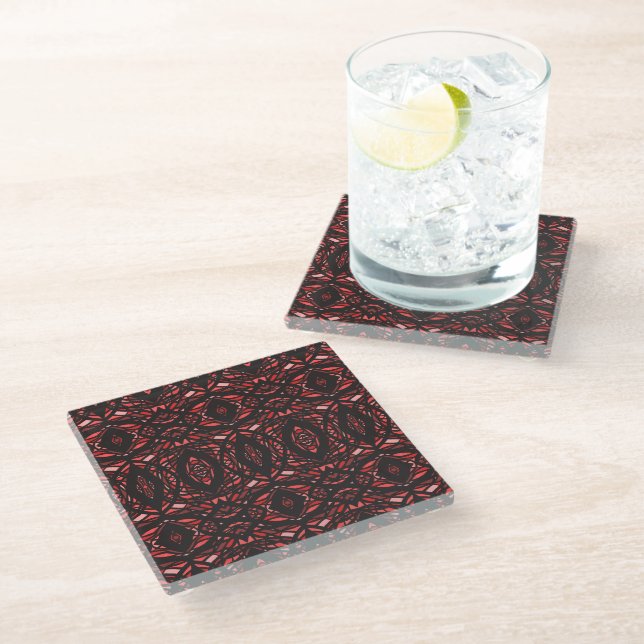 Prismatic Red Black Abstract Acrylic Art Glass Coaster (Angled)