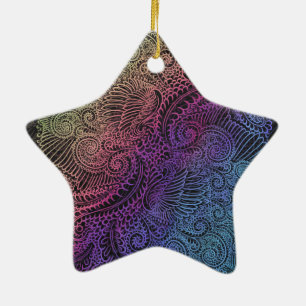 Prismatic Swirl Rainbow Fractal Feather Art Ceramic Ornament