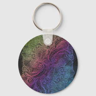 Prismatic Swirl Rainbow Fractal Feather Art Keychain