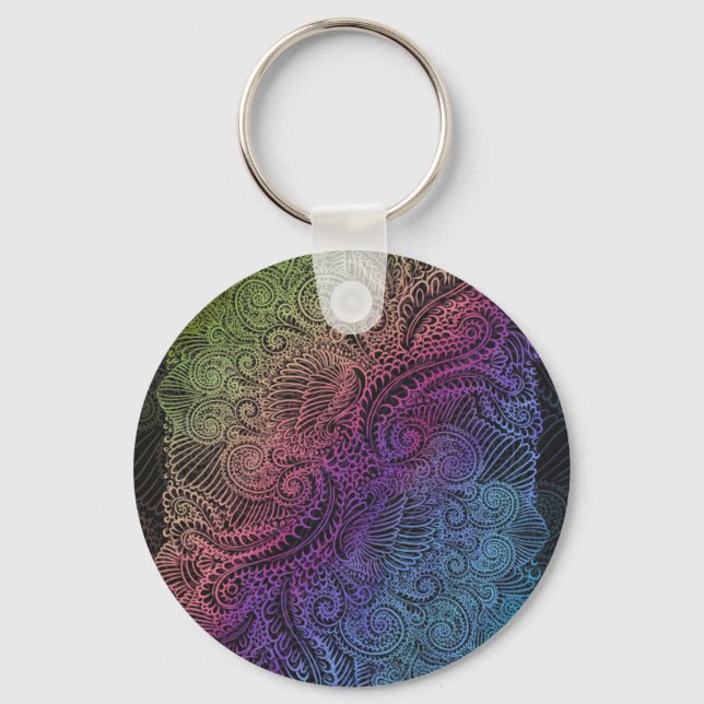Prismatic Swirl | Rainbow Fractal Feather Art Keychain (Front)