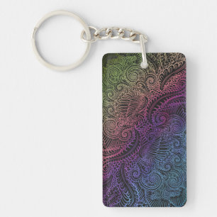 Prismatic Swirl Rainbow Fractal Feather Art Keychain