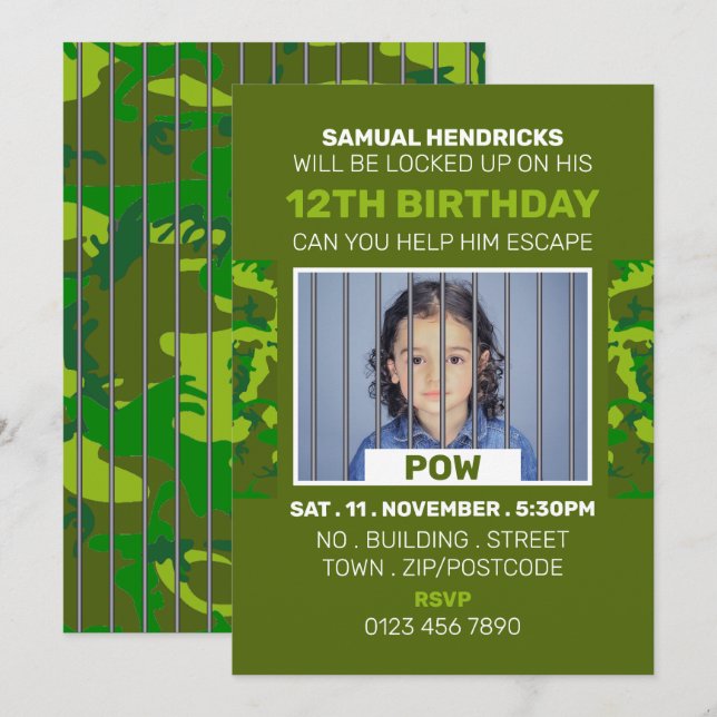 Prisoner of War Themed Escape Room, Birthday Party Invitation (Front/Back)