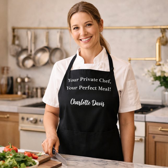 Private chef black white script slogan apron (Creator Uploaded)
