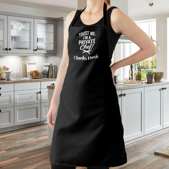 Private chef black white script slogan apron (Creator Uploaded)