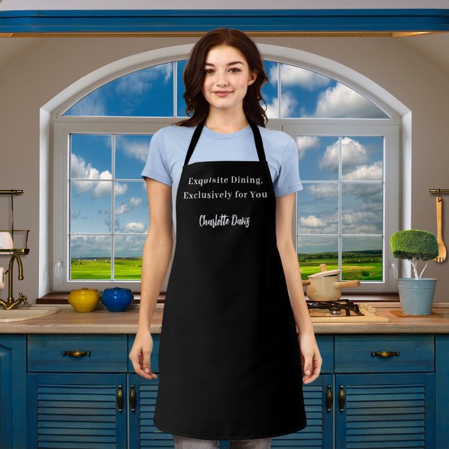 Private chef black white script slogan apron (Creator Uploaded)