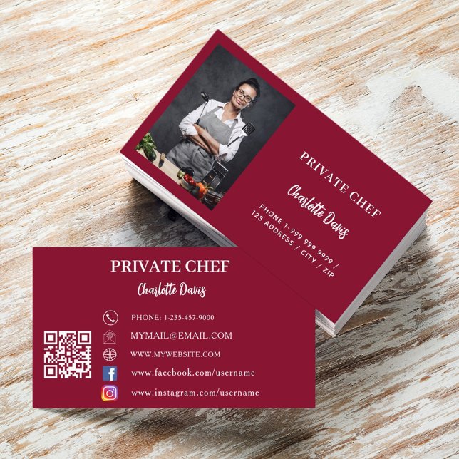 Private chef burgundy photo catering QR code Business Card (Creator Uploaded)