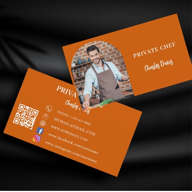 Private chef burnt orange photo arch QR code Business Card (Creator Uploaded)