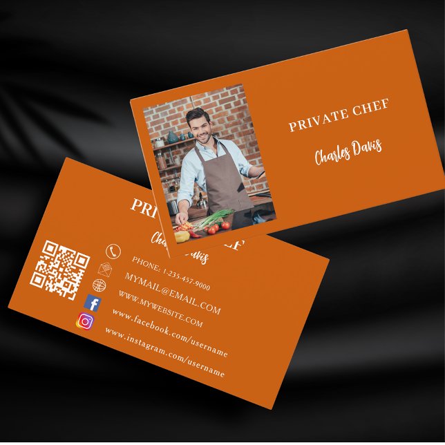 Private chef burnt orange photo catering QR code Business Card (Creator Uploaded)