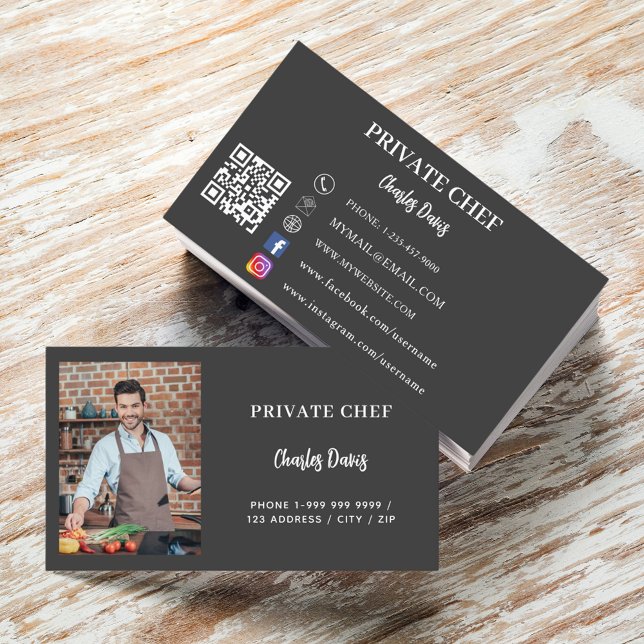 Private chef charcoal grey photo catering QR code Business Card (Creator Uploaded)