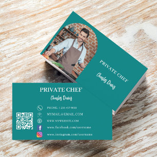 Private chef teal photo arch QR code Business Card