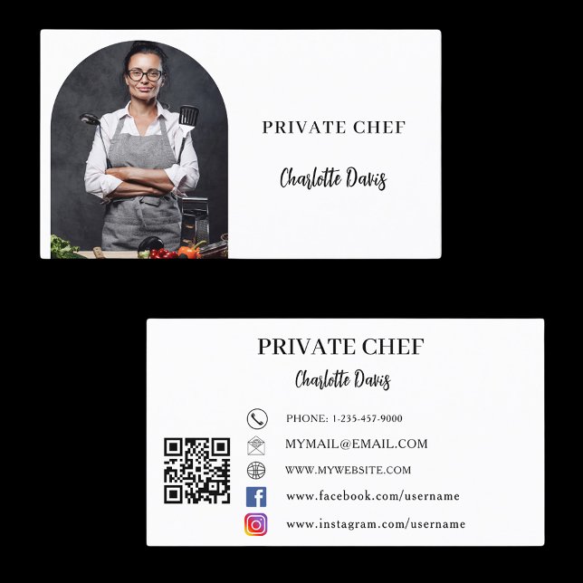 Private chef white black photo arch QR code Business Card (Creator Uploaded)