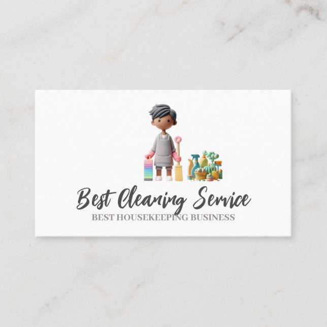 Private Funny Cartoon man Cleaning Business Card (Front)
