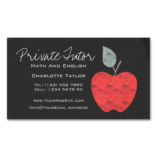 Private Home Tutor Teacher Apple Chalkboard Magnetic Business Card (Front)