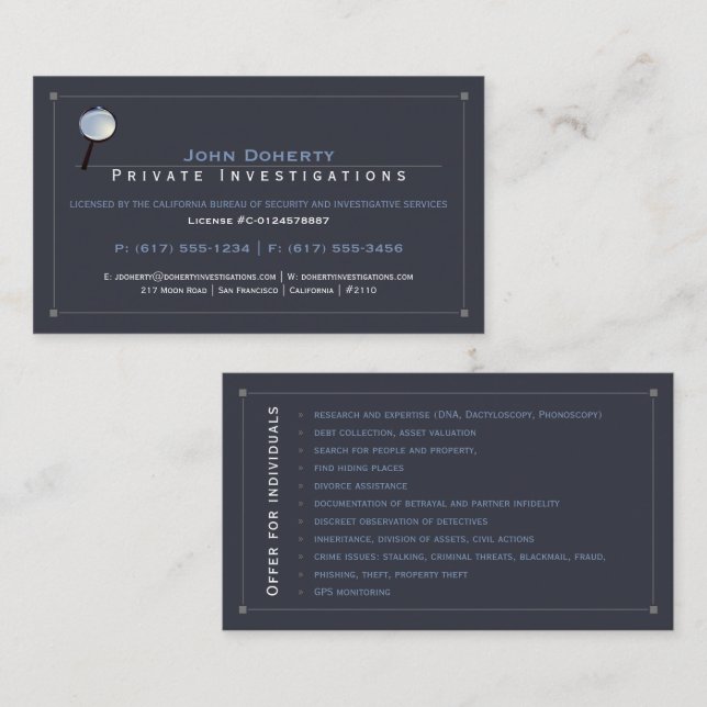 Private Investigations | Detective Professional Business Card (Front/Back)