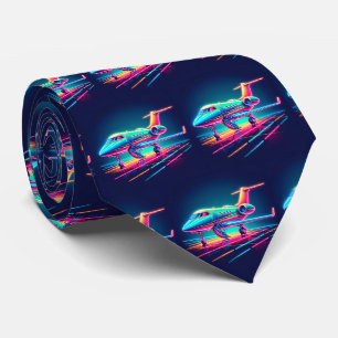 Private Jet Airplane Print Neon Colors  Tie