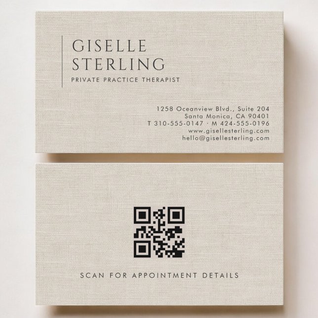 Private Practice Therapist Neutral Linen QR Code Business Card (Creator Uploaded)