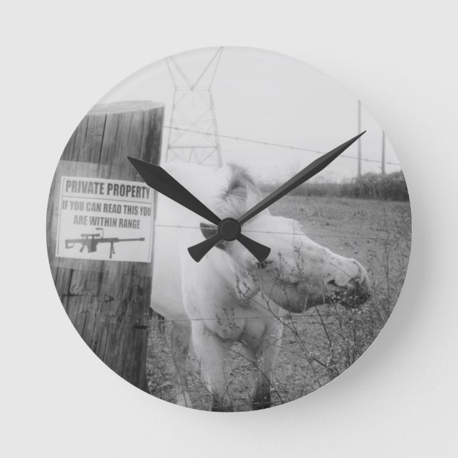 Private Property horse black & white Round Clock (Front)