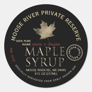 Private Reserve Maple Syrup Black with Gold Leaf   Classic Round Sticker