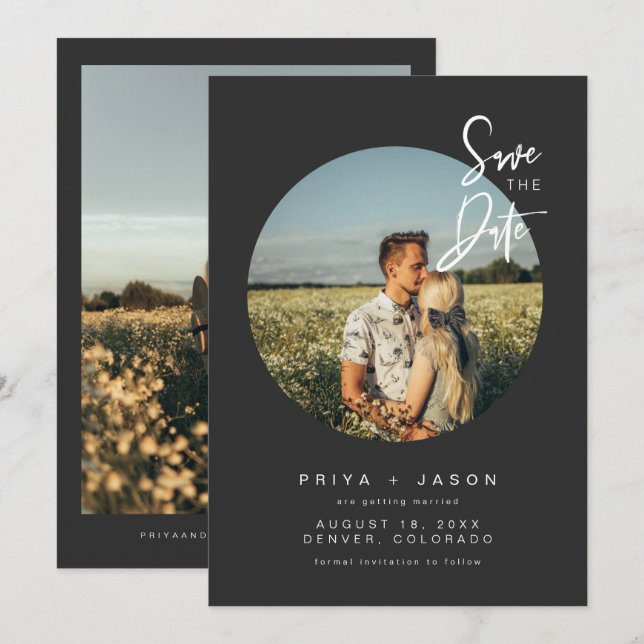 PRIYA Black Round Photo Save the Date Invitation (Front/Back)