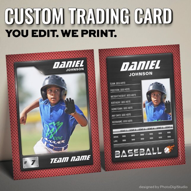 PRO Baseball Card with Stats Player Trading Card  (Custom Baseball Trading Card, Red Black PRO Stats Player Card)