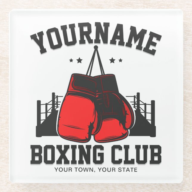 Pro Boxer ADD NAME Red Gloves Boxing Ring Training Glass Coaster (Front)