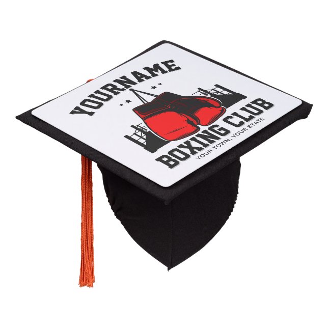 Pro Boxer ADD NAME Red Gloves Boxing Ring Training Graduation Cap Topper (Angled)