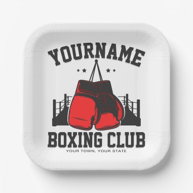 Pro Boxer ADD NAME Red Gloves Boxing Ring Training Paper Plate (Front)