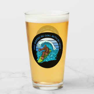 Pro By Day, Myth By Night Surfing Bigfoot Beer Glass