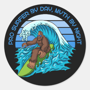 Pro By Day, Myth By Night Surfing Bigfoot Classic Round Sticker