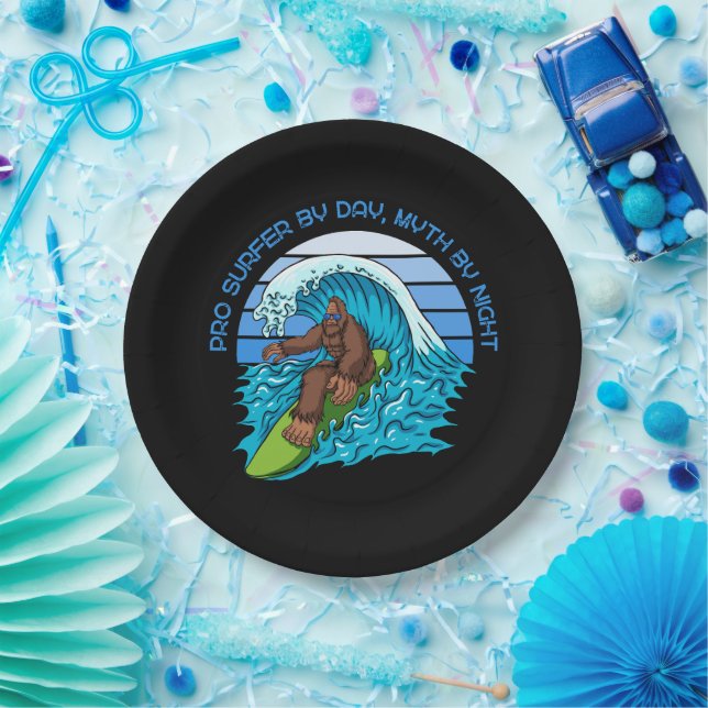 Pro By Day, Myth By Night Surfing Bigfoot Paper Plate (Party)